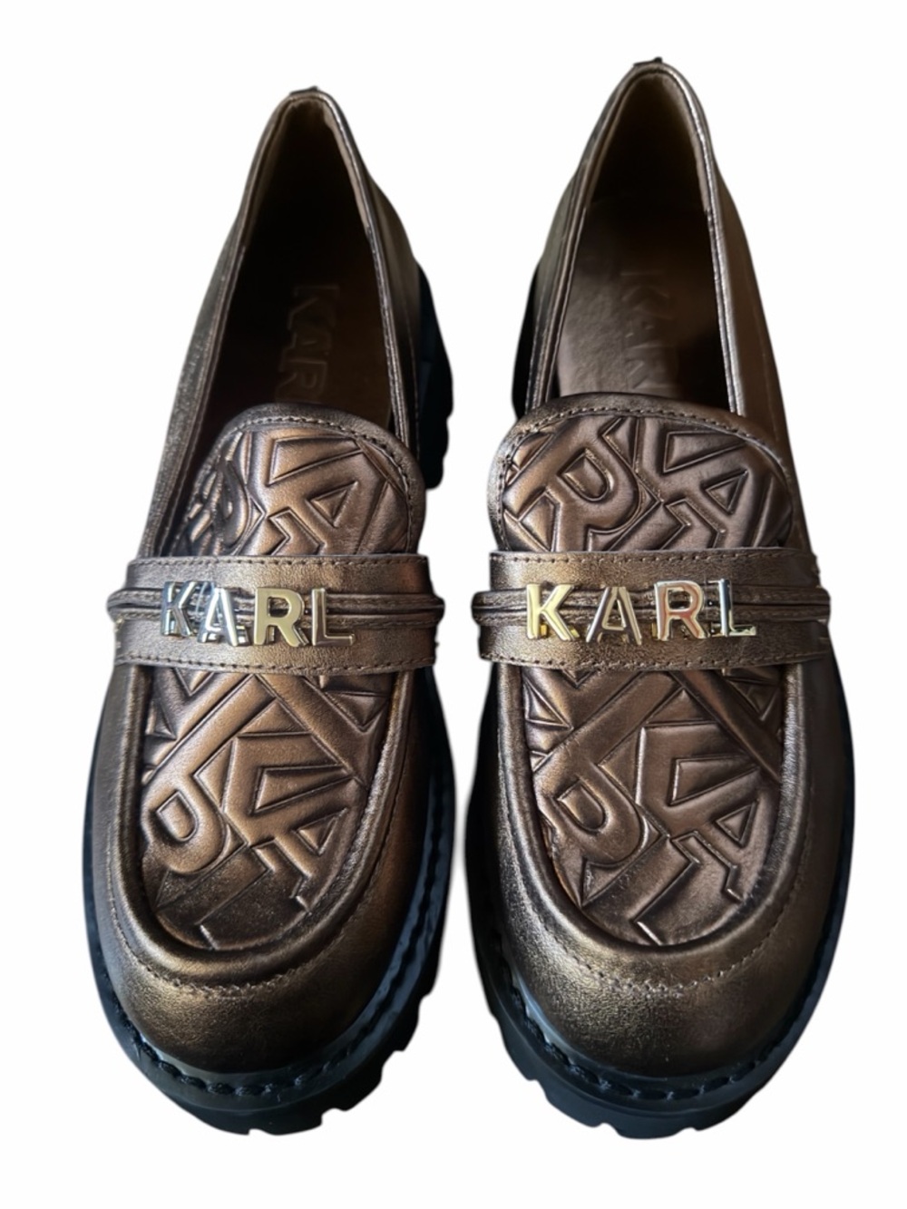 New KARL LAGERFELD Metallic Bronze Quilted Logo Woman’s Loafers